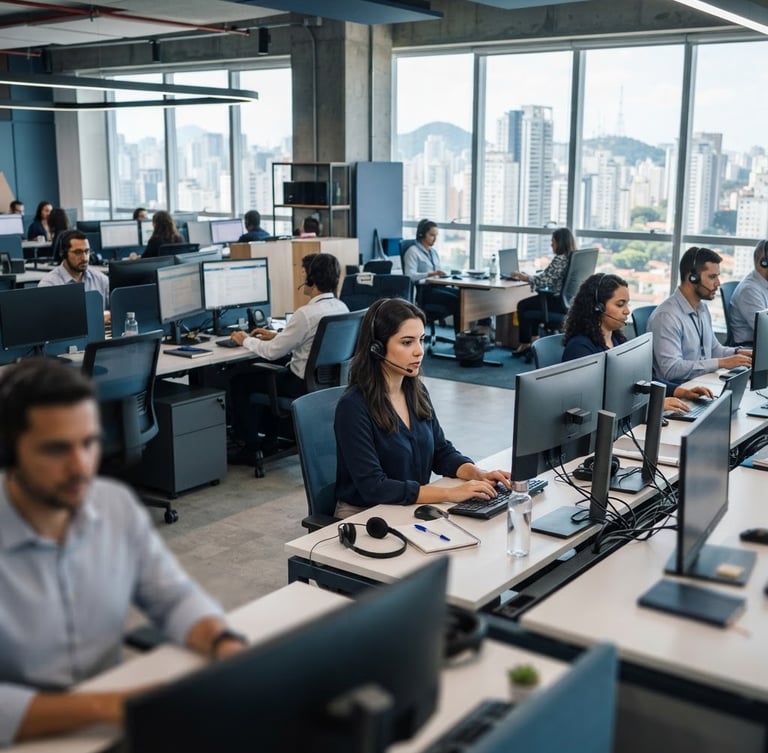 Wide-angle crisp editorial photograph of a modern, well-lit customer operations center in São Paulo, professional agents working at clean desks with dual monitors, cool blue and slate tones, shallow depth of field.