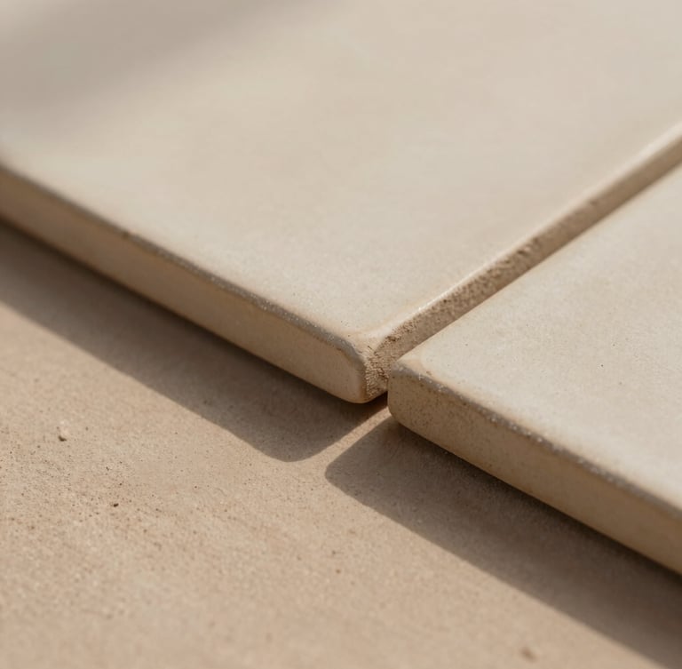 Macro photograph of hand-pressed ceramic tile edges in soft, directional Arizona sunlight, highlighting the raw clay texture and subtle matte beige glaze variations, 35mm