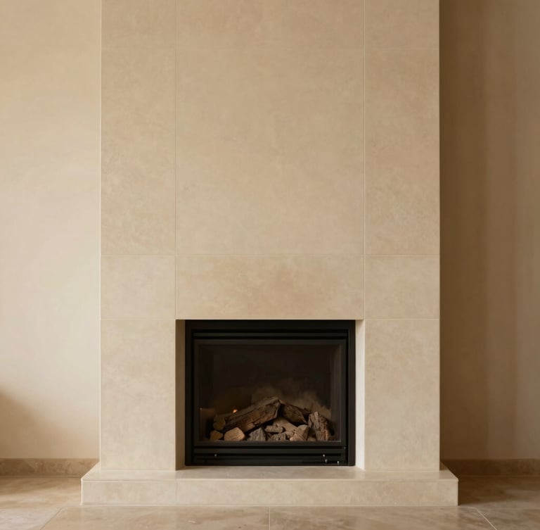 Straight-on architectural elevation of a minimalist fireplace clad in matte, textured cream tiles, soft side light, warm editorial style.