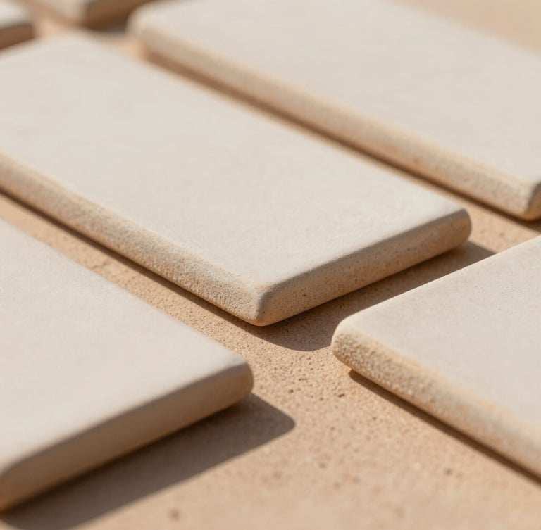 Macro photograph of hand-pressed ceramic tile edges with matte mineral glazes, warm Arizona daylight casting soft shadows, 35mm editorial style