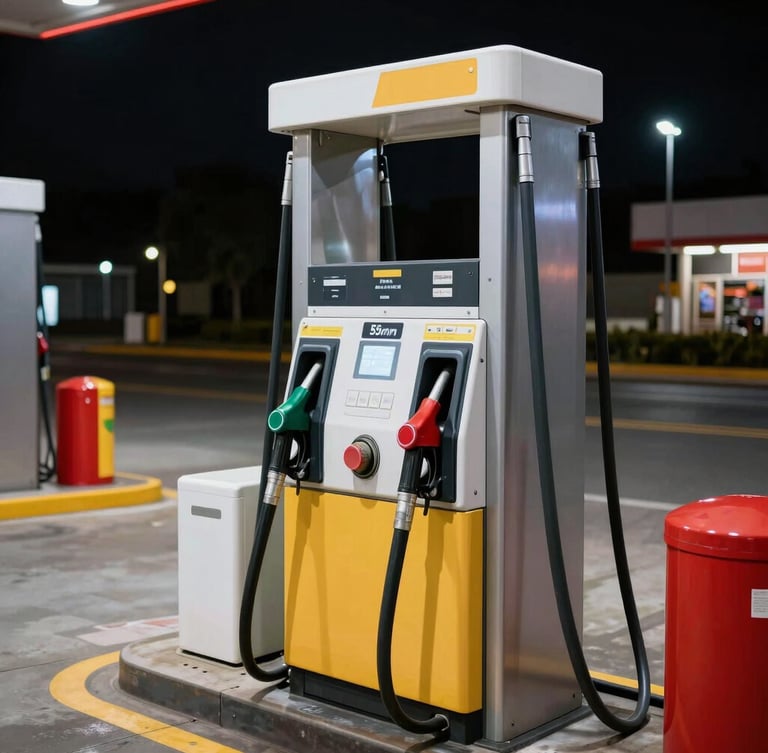 Specialized fuel extraction pump operating on a gas station forecourt, crisp realistic daylight, focus on the safety equipment, 35mm lens
