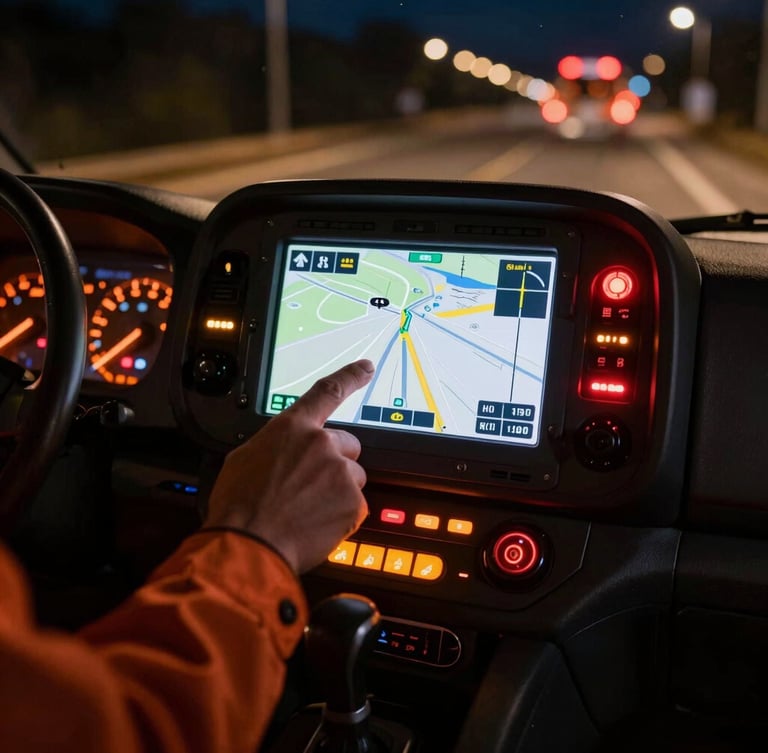 Close-up of a professional technician's hand pointing at an illuminated GPS navigation map screen inside an emergency response vehicle, dashboard lights glowing in safety orange and red, night setting