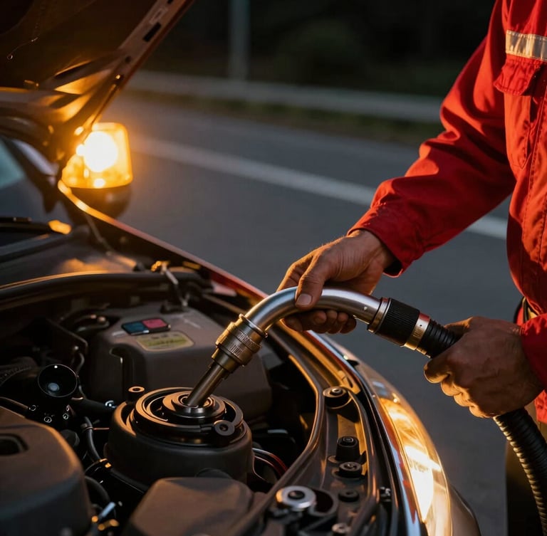 Close-up of a professional technician connecting a specialized fuel extraction hose to a car tank on a night roadside, dramatic amber emergency lights, 35mm lens