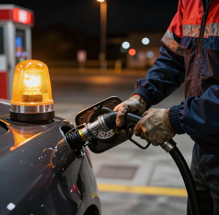 Close-up of a professional technician connecting a safety extraction hose to a car fuel tank at a Madrid gas station at night, dramatic amber emergency lighting, sharp focus, 35mm lens.