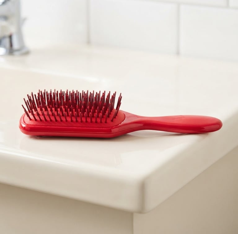 High-contrast product shot of a vibrant red curl-defining brush resting on a clean cream-colored bathroom shelf, bright high-key studio light, sharp focus, 35mm