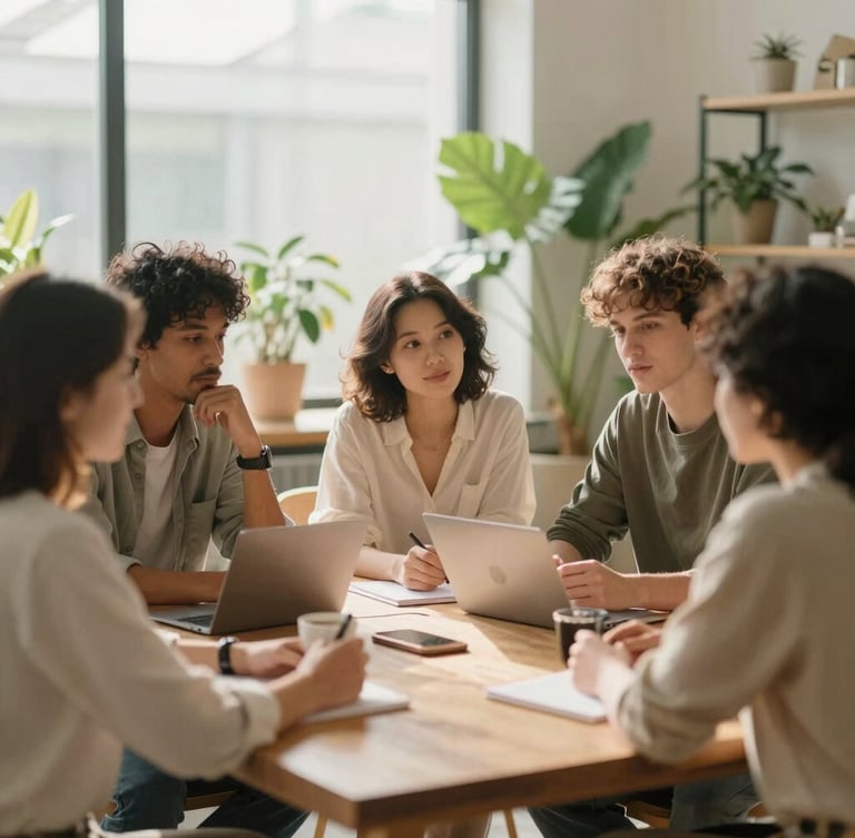 Warm editorial photography of a diverse, relaxed team collaborating around a wooden table in a sunlit, plant-filled office, soft diffused daylight, shallow depth of field, 35mm.