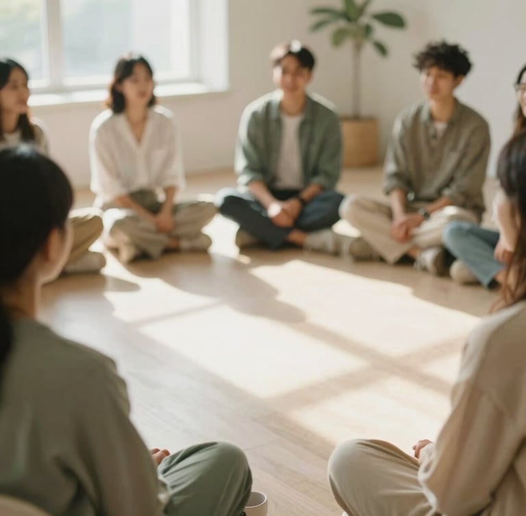 Soft natural daylight photo of a relaxed peer support circle sitting in a warm, sunlit community room, calming sage and beige tones, shallow depth of field, 35mm