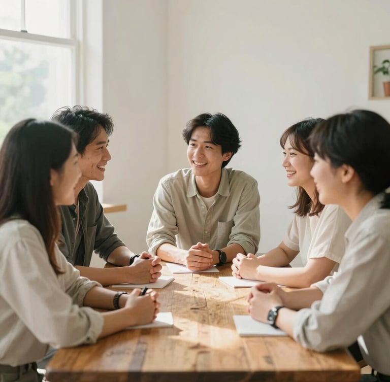 A group of diverse professionals collaborating in a sunlit, relaxed space, smiling and talking around a rustic wooden table, soft natural daylight, 35mm