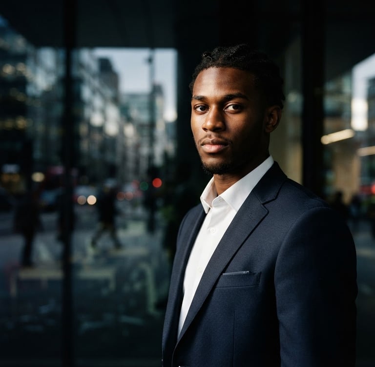 Sharp editorial portrait of a young athlete in a dark tailored suit, dramatic high-contrast side-lighting, looking directly at the camera, modern office glass reflection in background.