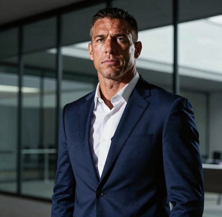 Tight, powerful portrait of a former athlete in a sharp navy suit looking directly at the camera, high-contrast dramatic side-lighting, modern office glass background, shallow depth of field.