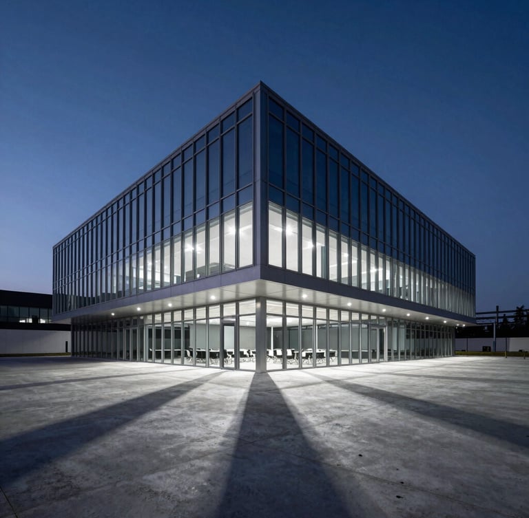 Dramatic wide architectural shot of a modern steel-and-glass corporate boardroom at dusk, crisp stadium-like floodlights casting long sharp shadows across the polished concrete floor.