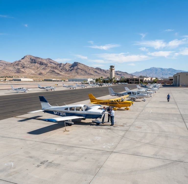 Wide-angle documentary photograph of general aviation aircraft parked on the tarmac at Henderson Executive Airport under bright Nevada desert daylight, clean blue sky, sharp focus