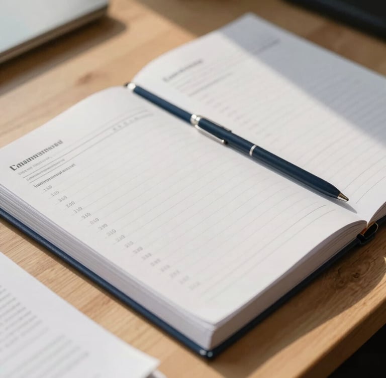 Close-up of organized financial ledgers on a wooden desk in a sunlit office, soft shadows, warm sand and deep navy tones, professional editorial photography