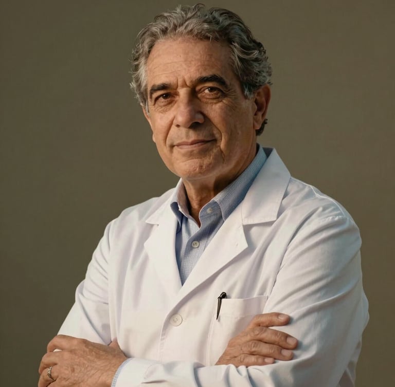 Retrato de meio corpo do Dr. José Evilazio Vieira, expressão serena e acolhedora de escuta ativa, iluminação lateral suave de fim de tarde com tons de areia e verde oliva ao fundo