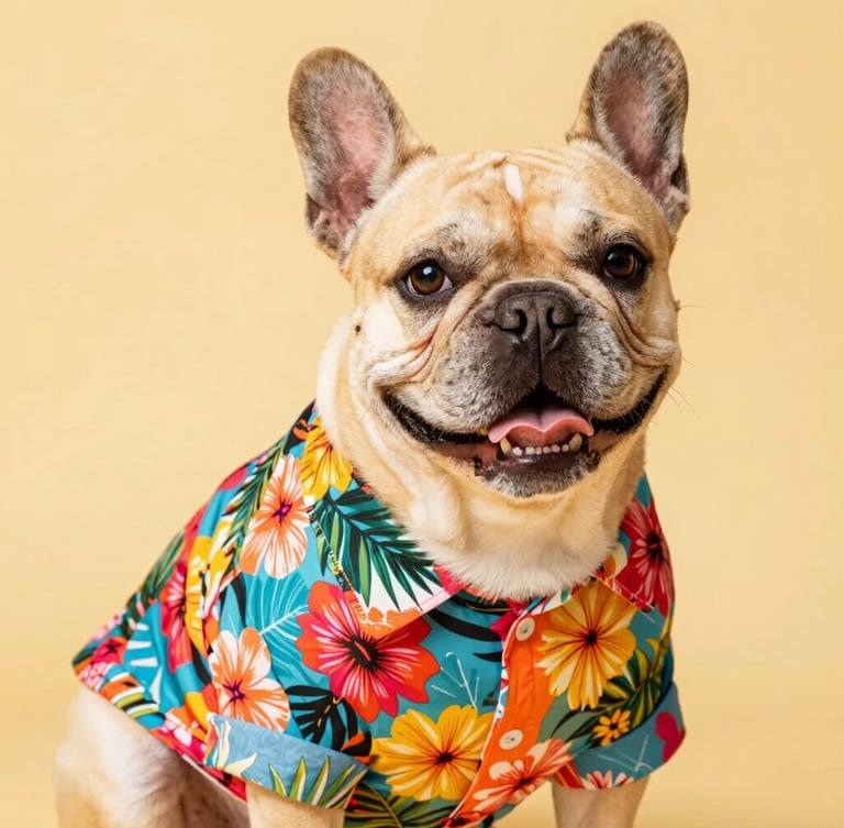 Vibrant studio photography of a happy French bulldog wearing a colorful tropical floral shirt, bright cheerful daylight, warm tones, crisp focus, shallow depth of field.