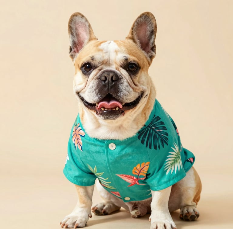 A happy French Bulldog wearing a vibrant tropical teal pet shirt, sitting proudly in bright warm daylight, crisp focus, cheerful studio setting