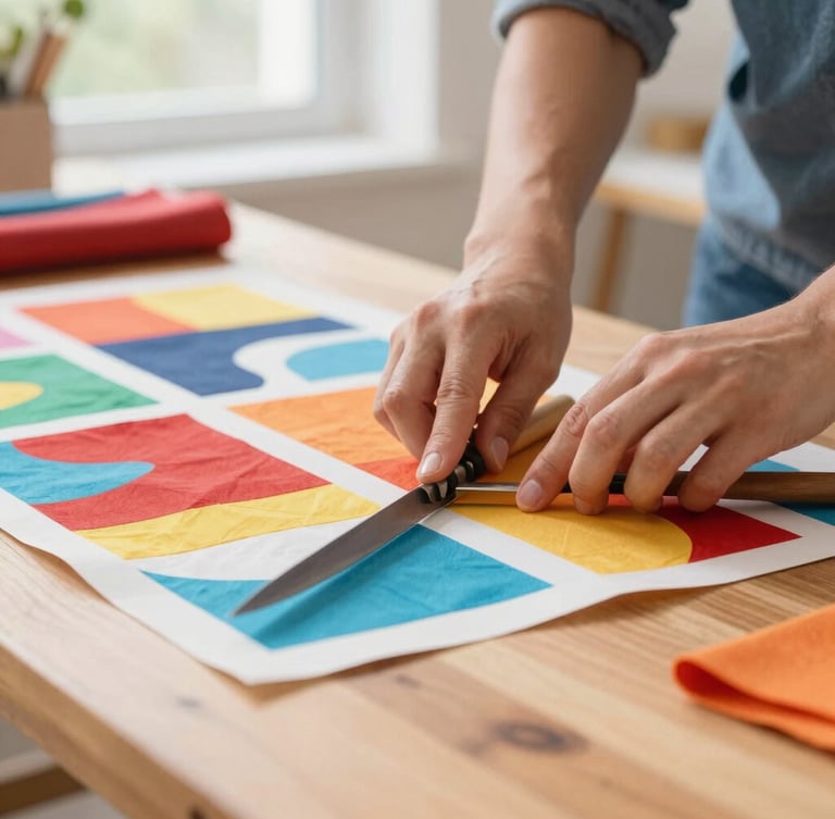 Close-up of artisan hands carefully cutting colorful fabric patterns on a clean wooden table, with bright natural light coming through a window, warm and joyful atmosphere.