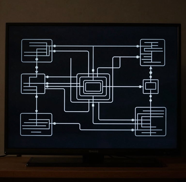 Orthographic flat-lay of a clean vector system architecture diagram on a pitch-black screen, sharp white connection lines, low-key moody indirect ambient light, high contrast.