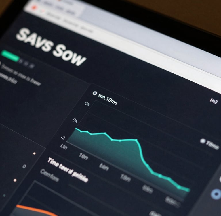 Extreme macro close-up of a dark-mode SaaS user interface, crisp typography, sub-10ms telemetry charts, low-key indirect ambient light, high contrast.