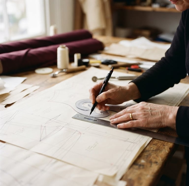 Close-up of hands meticulously drafting a fashion pattern on a large table, soft natural workshop light, shallow depth of field, 35mm