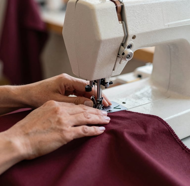 Close-up portrait of skilled hands guiding a piece of fabric through a professional sewing machine, intricate stitching visible, warm natural workshop light, soft side-lighting, deep burgundy and ivory tones, shallow depth of field, 35mm