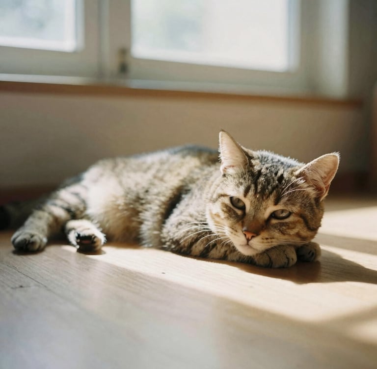A soft-focus portrait of a cat resting in a warm patch of sunlight on a light wooden floor, quiet and peaceful atmosphere, 35mm film style.