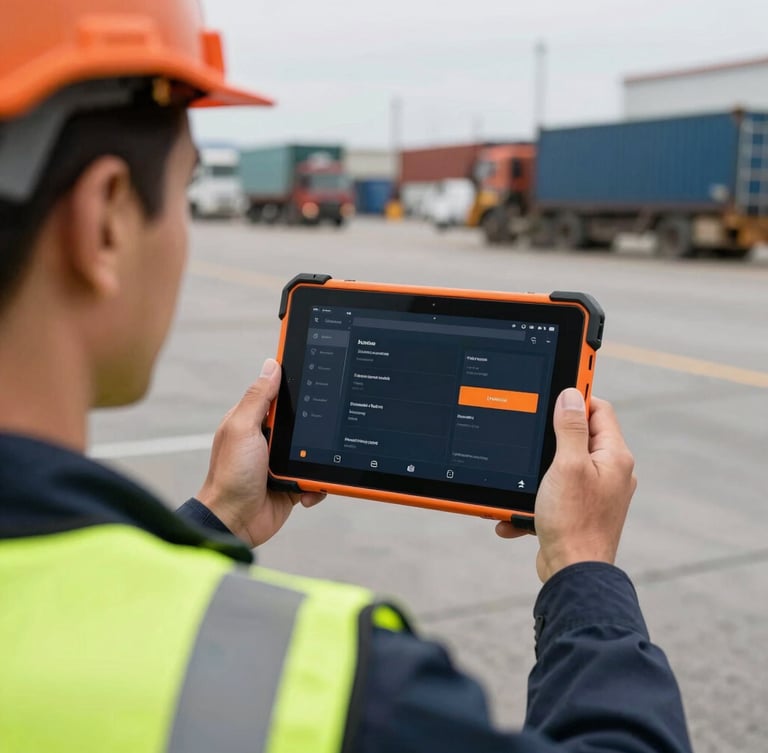 Over-the-shoulder view of a field engineer in a high-visibility vest holding a rugged Android tablet, displaying a high-contrast dark UI with safety orange accents, overcast daylight in an industrial shipping yard, shallow depth of field, 35mm