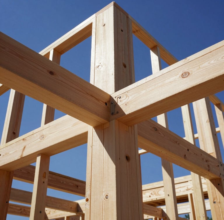 Close-up, low-angle shot of a complex heavy timber framing joint on a residential construction site, bright direct sunlight, crisp shadows, high-contrast cool tones, wide-angle lens, deep depth of field.