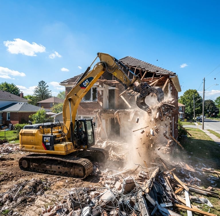 Wide-angle action shot of a large yellow excavator tearing down a residential structure, dust and debris in motion, bright direct sunlight, crisp shadows, cool tones, wide-angle lens, deep depth of field, clear blue sky.