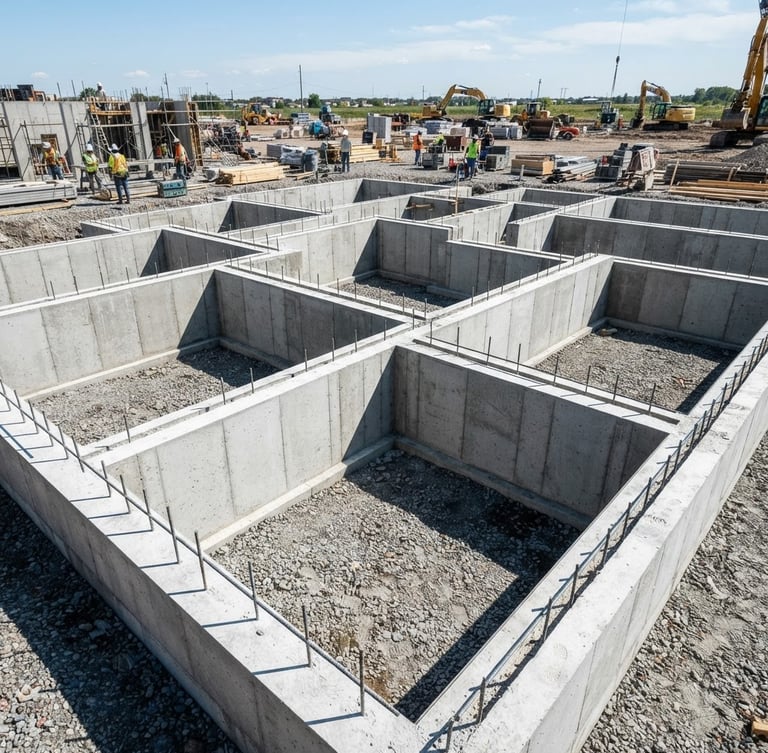 Wide-angle shot of newly poured concrete foundation walls, crisp edges, bright direct sunlight, deep shadows, construction site in background, low horizon, structural blueprint aesthetic.
