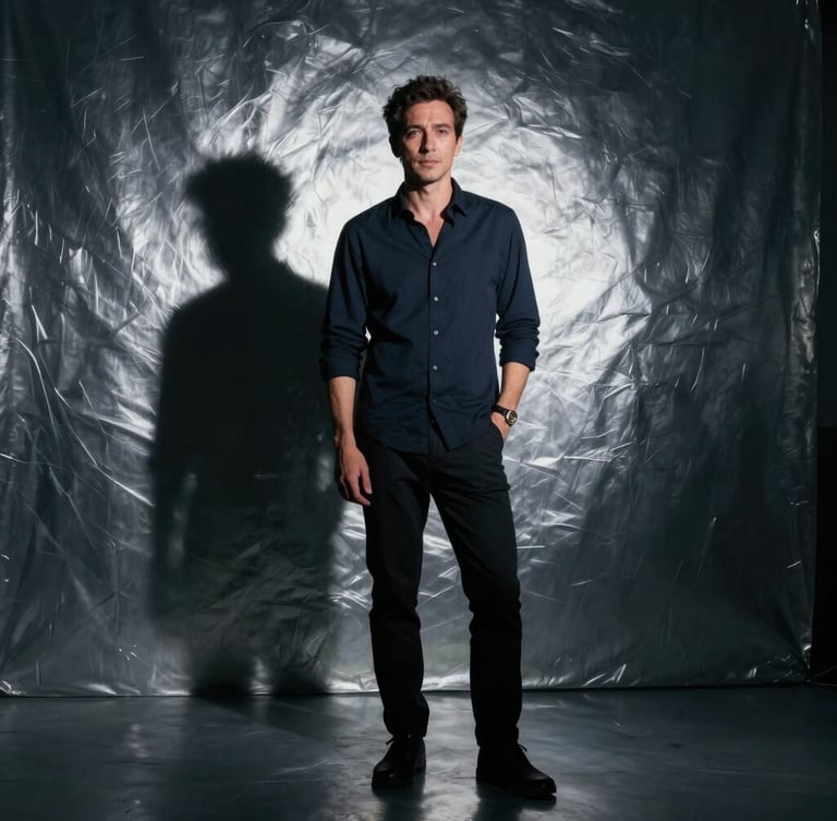 Dramatic chiaroscuro portrait of a creative director in a dark studio, single hard light source casting deep shadows, silver metallic reflections, ultra-wide framing