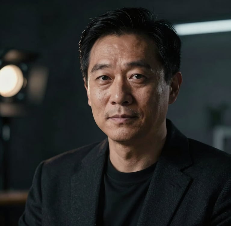 Cinematic close-up of a creative director in a dark obsidian studio, single-source hard silver light casting deep shadows, highly focused atmosphere.