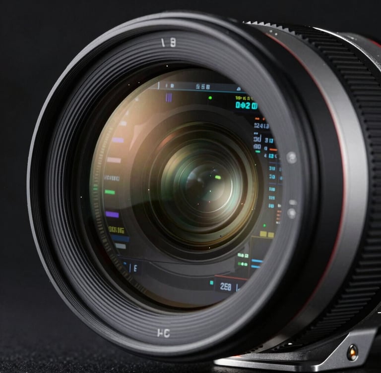 Extreme close-up of a high-end camera lens reflecting a complex data dashboard, dark studio setting, sharp silver accents.