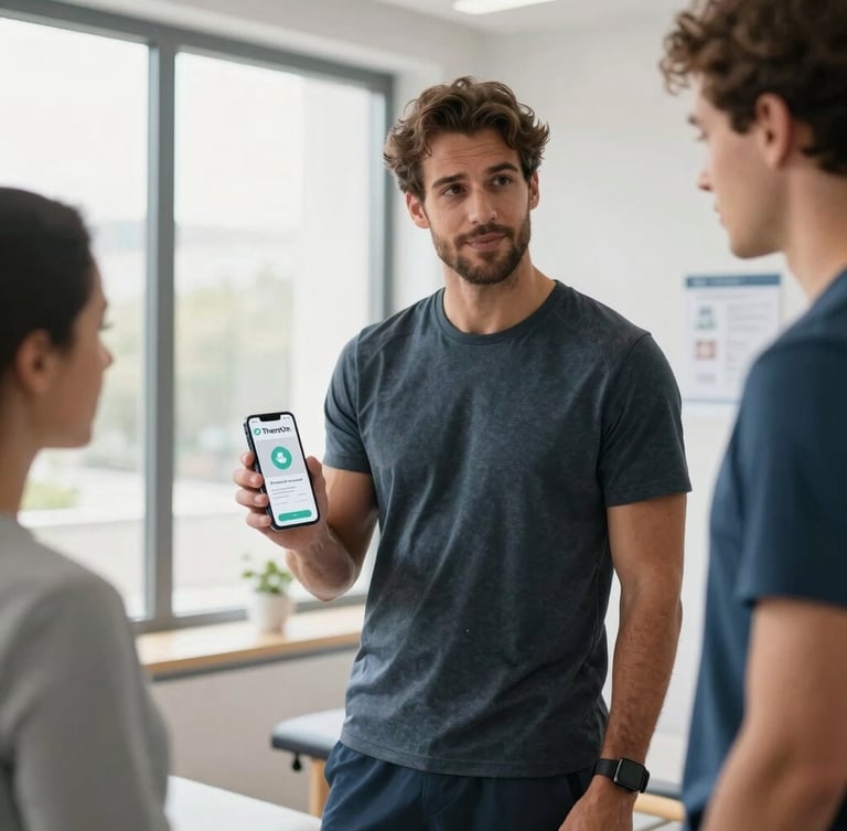 Wide portrait shot of a bright, modern physiotherapy clinic with natural daylight. Matteo Spier in athletic-casual business wear is holding a smartphone, demonstrating the TheraOn white-label app interface to a colleague. Clean design, no generic stock feel.