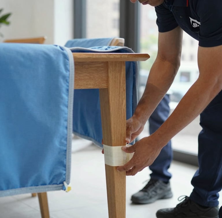 Close-up documentary photography of uniformed movers carefully wrapping a delicate wooden dining table leg with thick protective blue blankets and heavy-duty tape, bright natural light.
