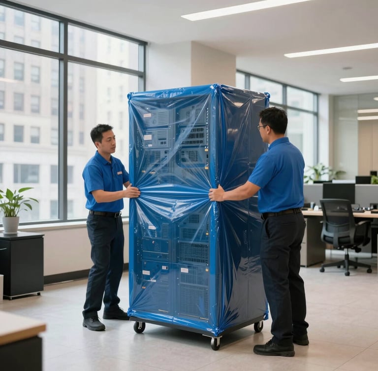 Crisp documentary photography of uniformed movers carefully wrapping a large office server rack in protective blue film inside a Manhattan office lobby, bright natural daylight through windows.