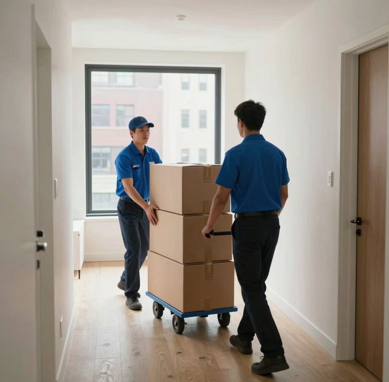 Documentary wide shot of professional movers in matching uniforms navigating a wide hallway in a modern Manhattan apartment building, carrying structured boxes on a dolly, bright natural interior light.