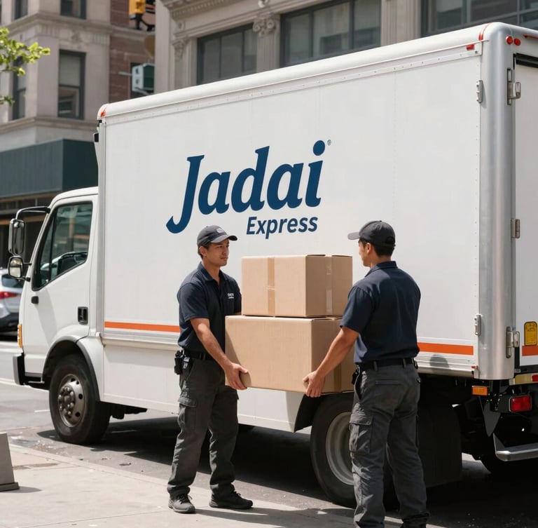 A clean Jadai Moving Express truck parked on a Manhattan street during bright daylight, uniformed movers loading structured boxes carefully, crisp documentary style.