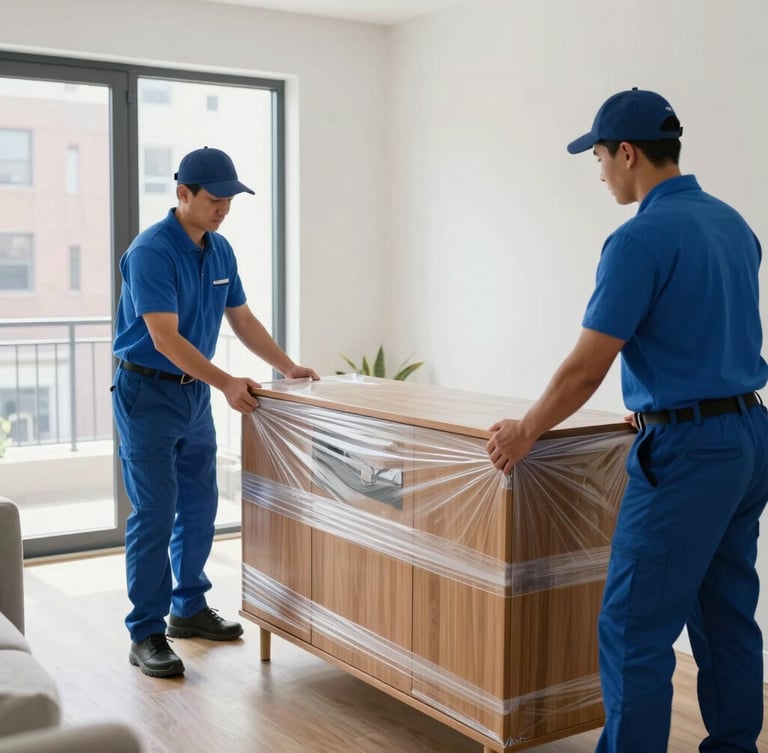 Movers in matching blue uniforms carefully wrapping a wooden cabinet with protective plastic stretch wrap inside a bright apartment room, crisp documentary style, sharp focus.
