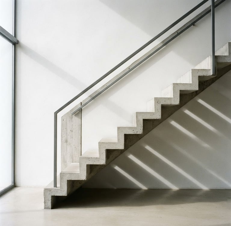 Architectural detail of a minimalist concrete staircase casting sharp geometric shadows under diffused daylight, 35mm photography
