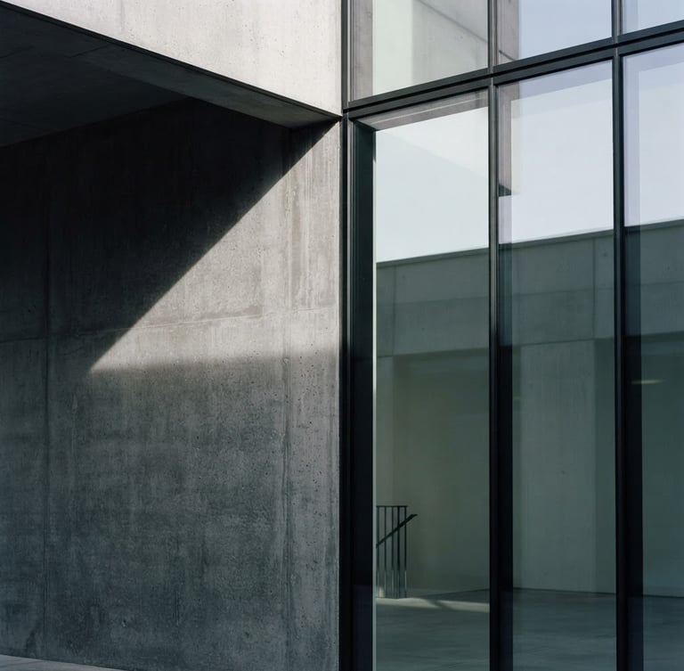 Minimalist architectural corner of a concrete and glass structure, sharp geometric shadows, soft north-facing daylight, high contrast slate tones, 35mm