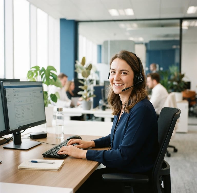 Professional customer service representative with a headset smiling in a bright, clean modern office environment, high-key natural daylight, 35mm