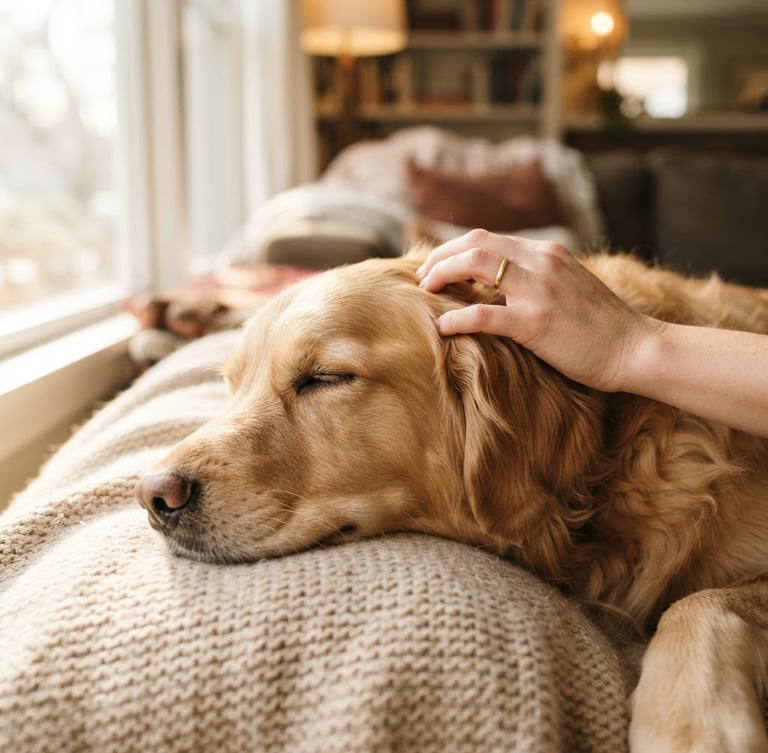 Close-up of a healthy, relaxed golden retriever dog laying on a soft blanket in a sunlit home, a human hand gently petting its head, warm editorial photography, shallow depth of field.