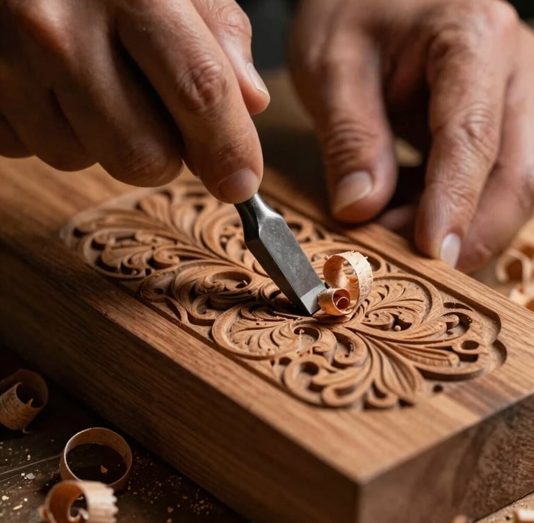 Macro close-up of a carpenter's hands using a steel chisel to carve intricate floral patterns into a solid teak wood block, curling wood shavings, warm low-key workshop lighting, dramatic depth of field