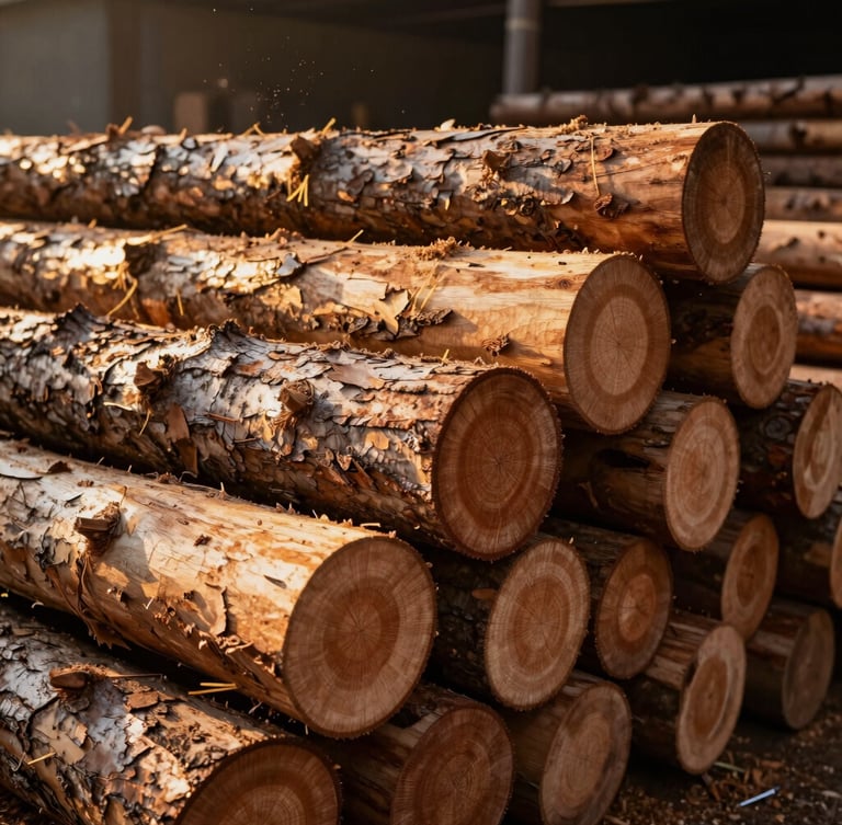 Stacked raw teak logs in an open-air workshop yard, golden hour sunlight highlighting the rough bark and deep growth rings, sawdust drifting in the air