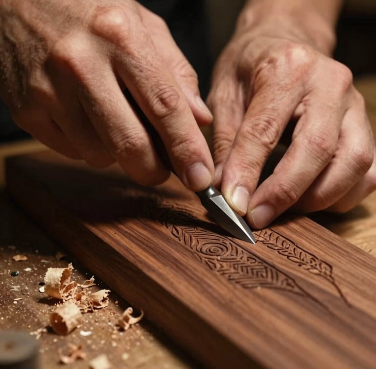 Close-up of a master artisan's hands carving intricate patterns into deep walnut wood using a steel chisel, warm low-key workshop lighting, wood shavings scattered around, 35mm film style