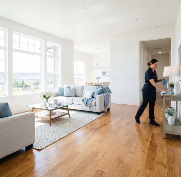 Bright, immaculate Twin Falls home interior, sunlit, with gleaming hardwood floors and a professional cleaner in a neat uniform, blurred in the background, to the right. Crisp natural daylight, clean white and soft blue tones, sharp focus, 35mm lens.