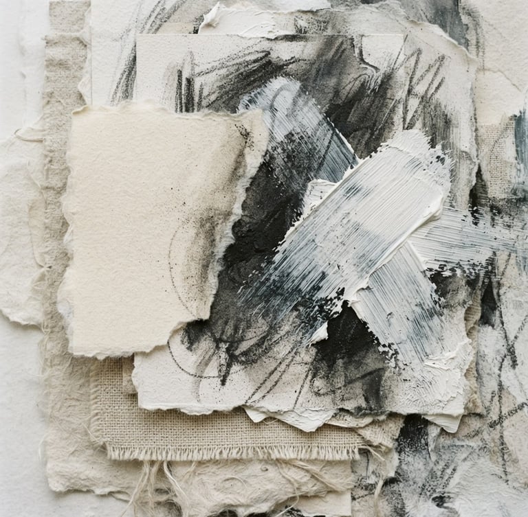 Extreme close-up flat-lay of a photocomposition, showing textured layers and painterly digital brushwork, soft diffused daylight, high-resolution archival detail, neutral white and charcoal tones, 35mm