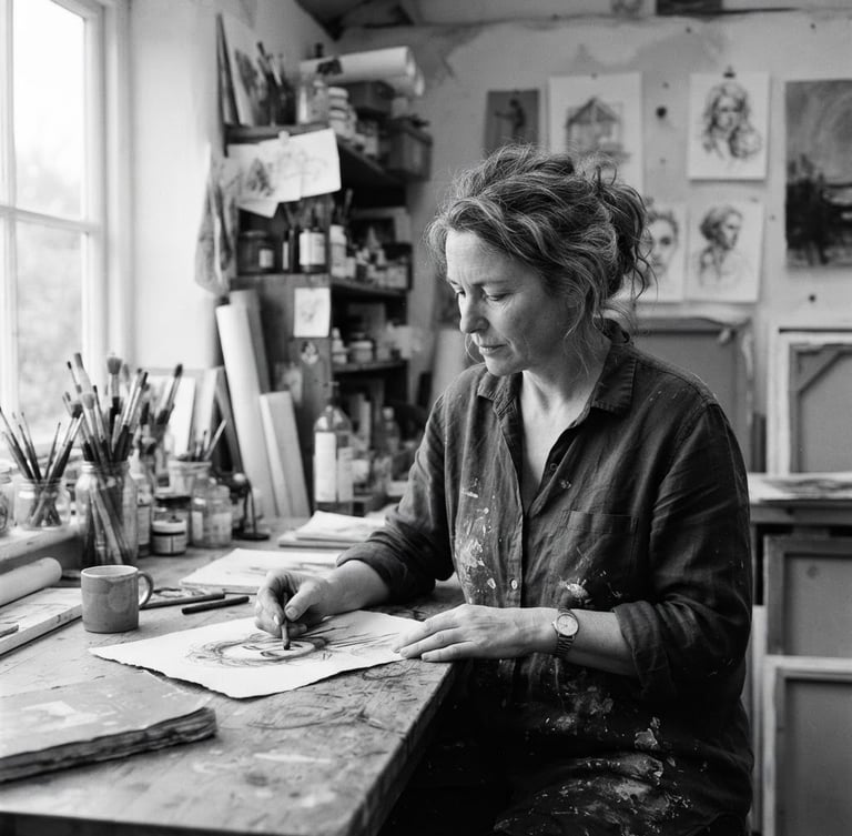 Natural, unposed black-and-white portrait of Clare Newton in her studio, soft diffused daylight, neutral tones, high-resolution archival detail, 35mm.