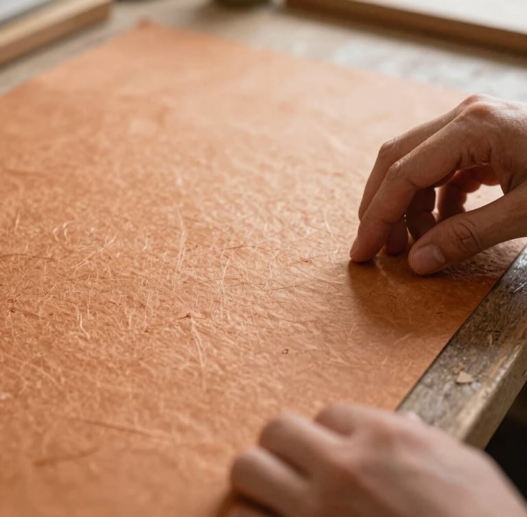 Close-up of hands gently inspecting the texture of thick, handmade paper under soft workshop light, with visible fibers and natural imperfections, shallow depth of field, warm editorial photography.